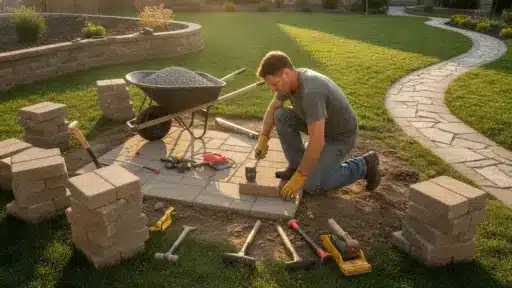 Man laying patio stones in backyard with tools and wheelbarrow in sunlight
