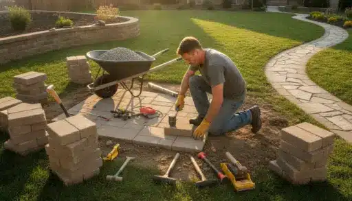 Man laying patio stones in backyard with tools and wheelbarrow in sunlight