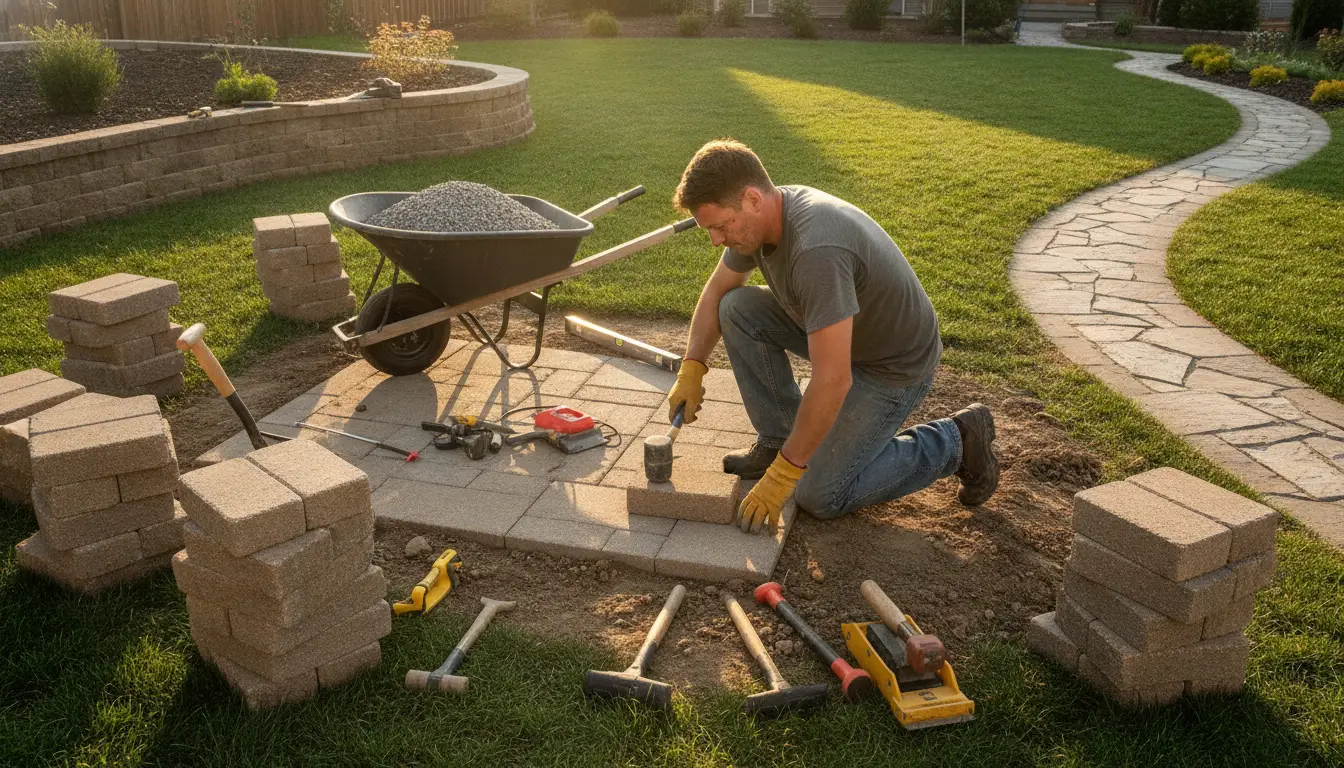 Man laying patio stones in backyard with tools and wheelbarrow in sunlight
