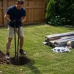 Man digging hole in backyard with post hole digger near stacked lumber