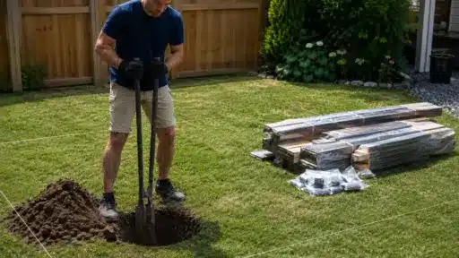 Man digging hole in backyard with post hole digger near stacked lumber