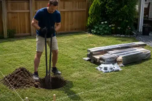 Man digging hole in backyard with post hole digger near stacked lumber