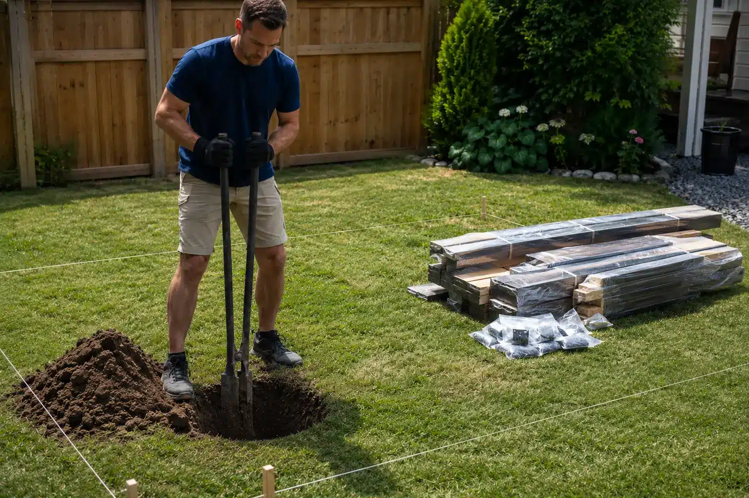 Man digging hole in backyard with post hole digger near stacked lumber