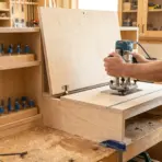 woodworker using a handheld router on a plywood jig beside a cabinet holding router bits in a workshop