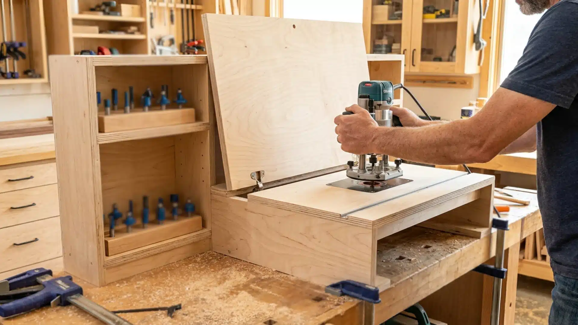 woodworker using a handheld router on a plywood jig beside a cabinet holding router bits in a workshop