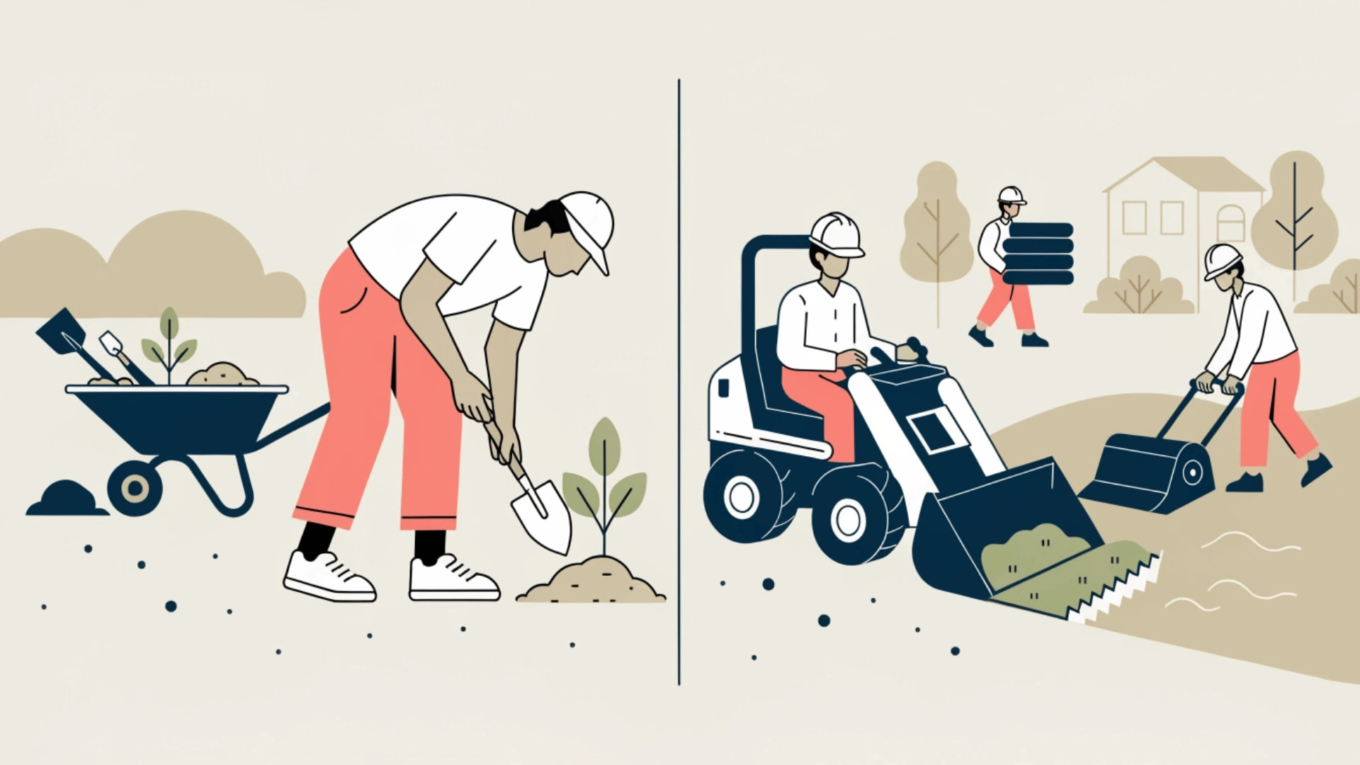 vector illustration comparing diy gardening tools with professional landscaping crew equipment