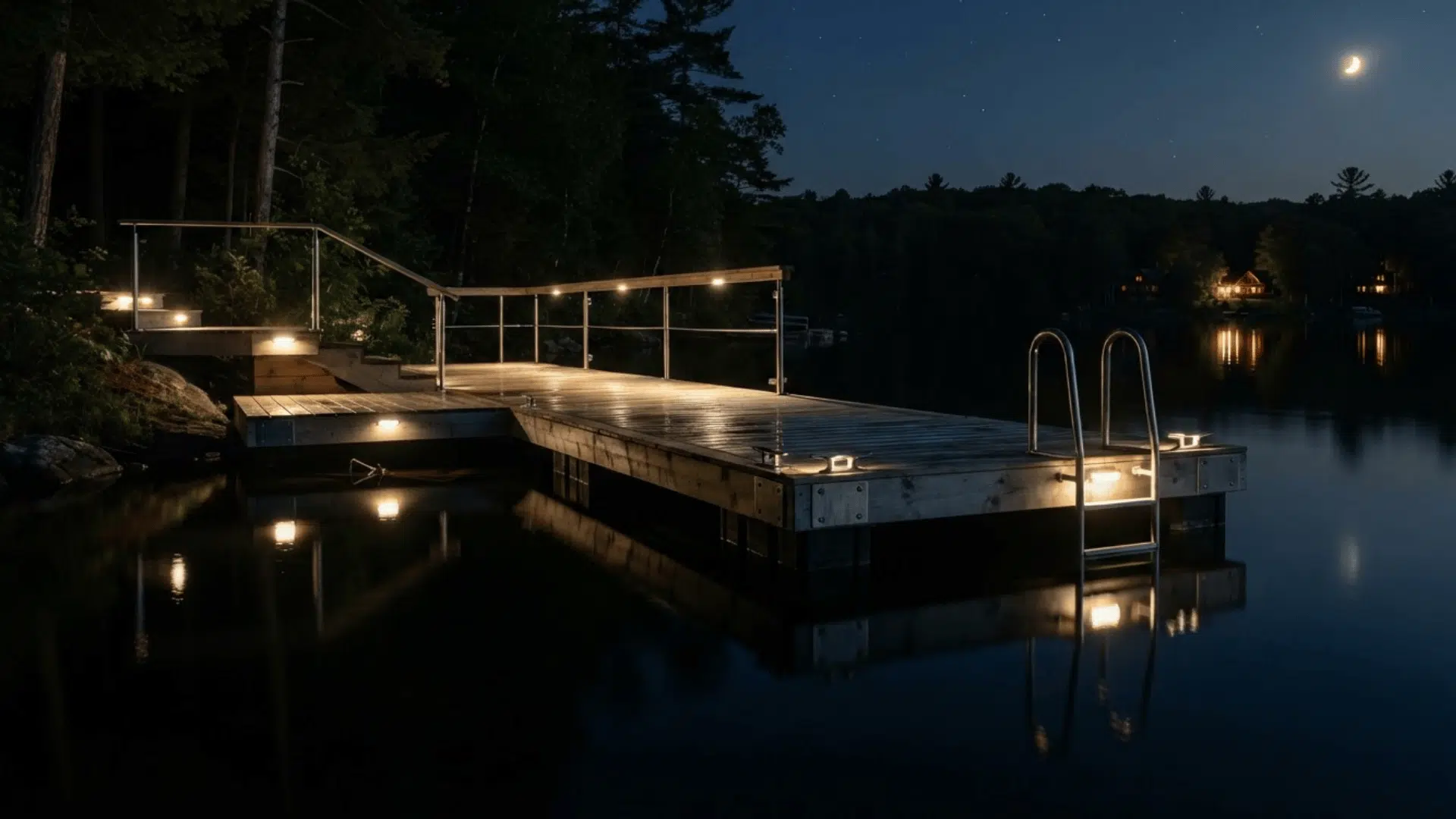 marine grade dock lights safely marking edges steps and ladders beside calm water at night
