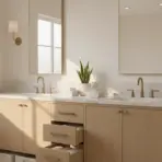 Modern bathroom with dual sinks, light wood cabinets, marble countertop, and decorative indoor plant