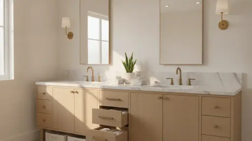 Modern bathroom with dual sinks, light wood cabinets, marble countertop, and decorative indoor plant