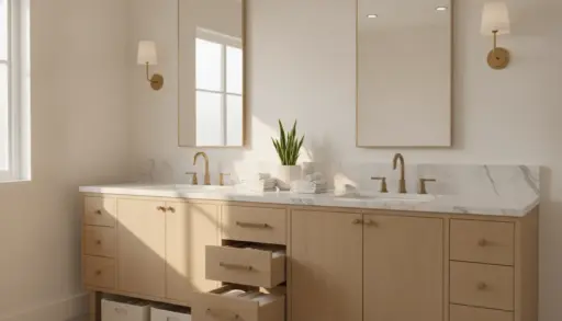 Modern bathroom with dual sinks, light wood cabinets, marble countertop, and decorative indoor plant