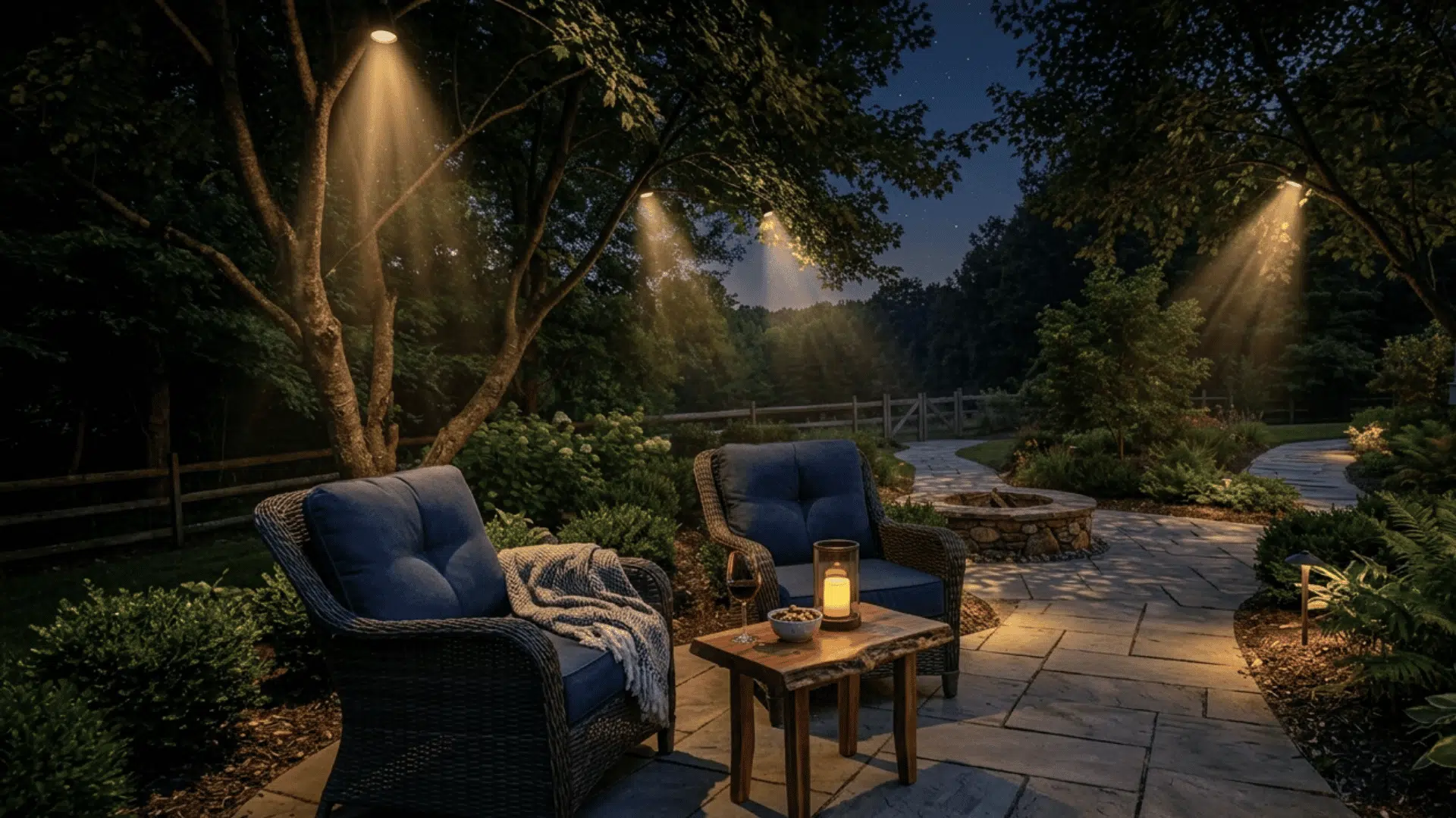 soft moonlighting filtering through tree branches onto a quiet dark garden path after dark