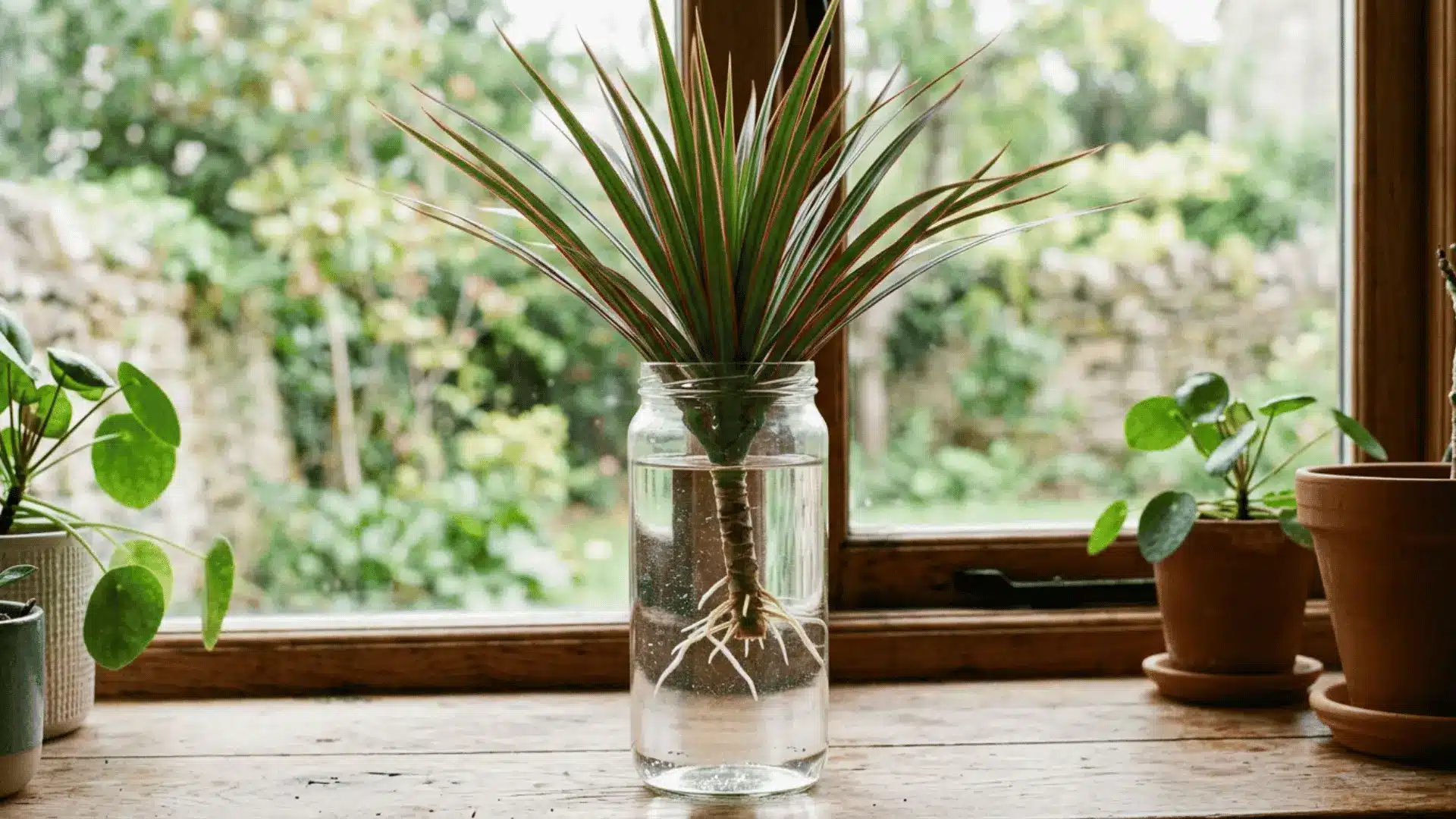 dragon tree cutting with narrow red edged leaves and white roots growing in a glass jar on a wooden windowsill