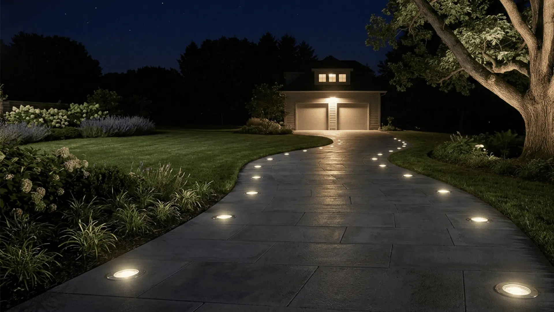 driveway lights marking both edges of a curved residential drive for safer travel at night