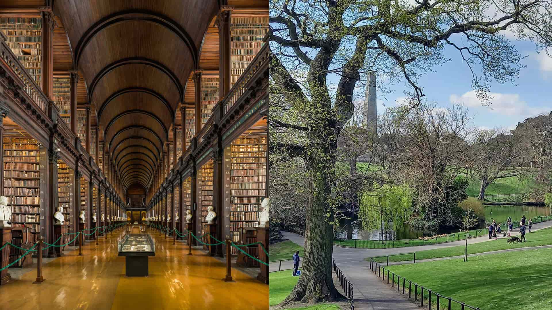 dublin ireland collage featuring trinity college library interior and scenic park landscape views