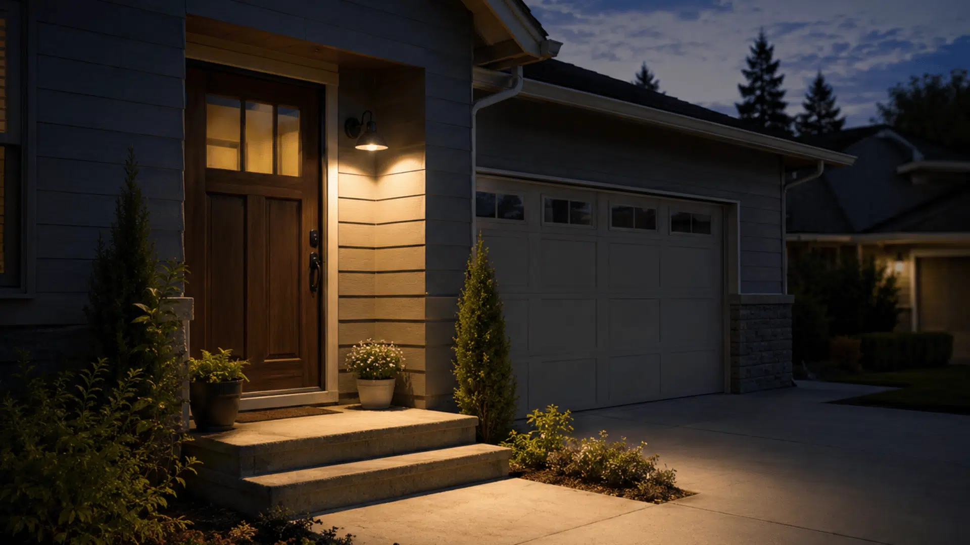 dusk to dawn lights automatically lighting a front entrance and home driveway after sunset