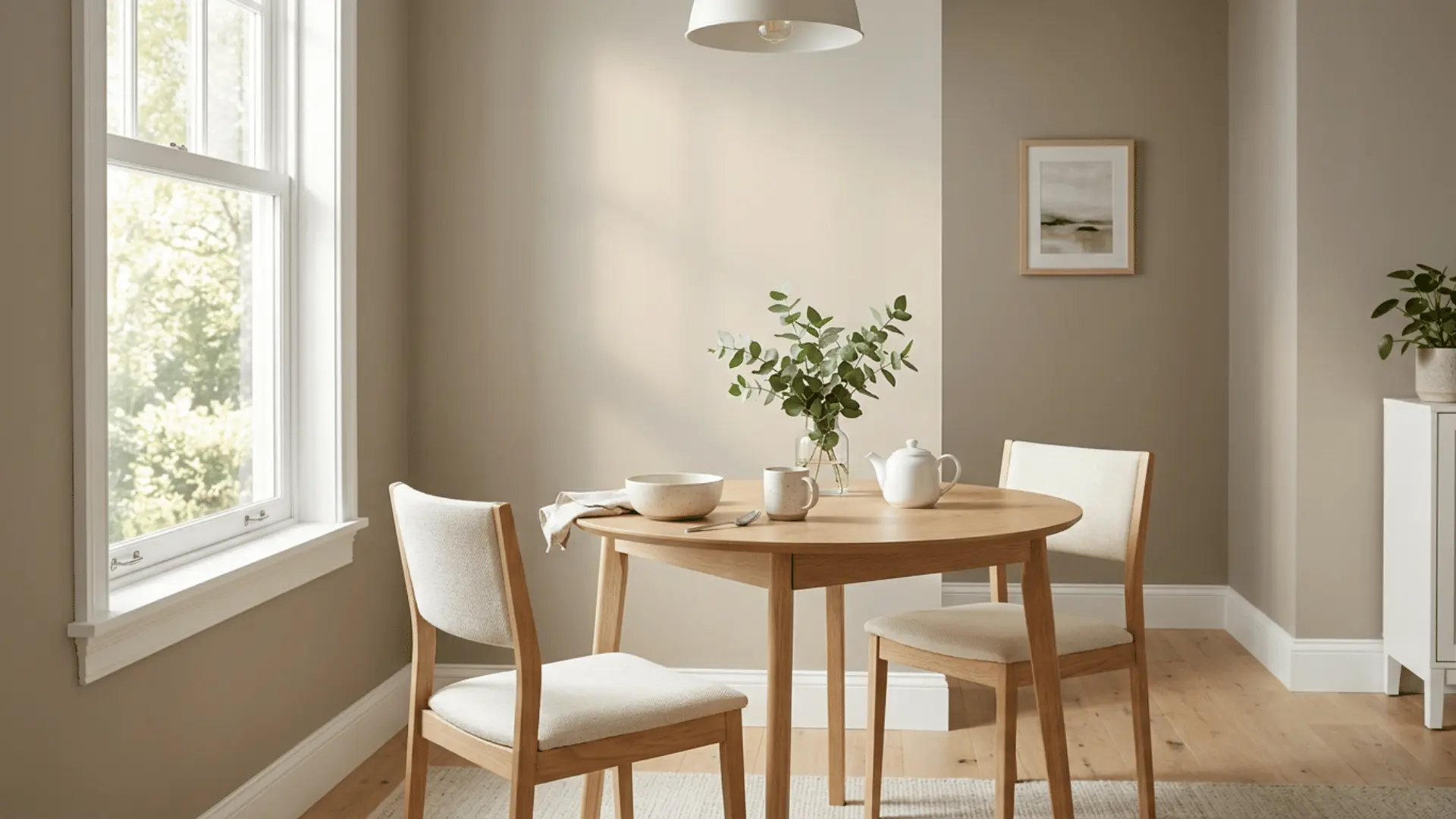 bright neutral dining room with a round wooden table two cushioned chairs white tableware and leafy branches