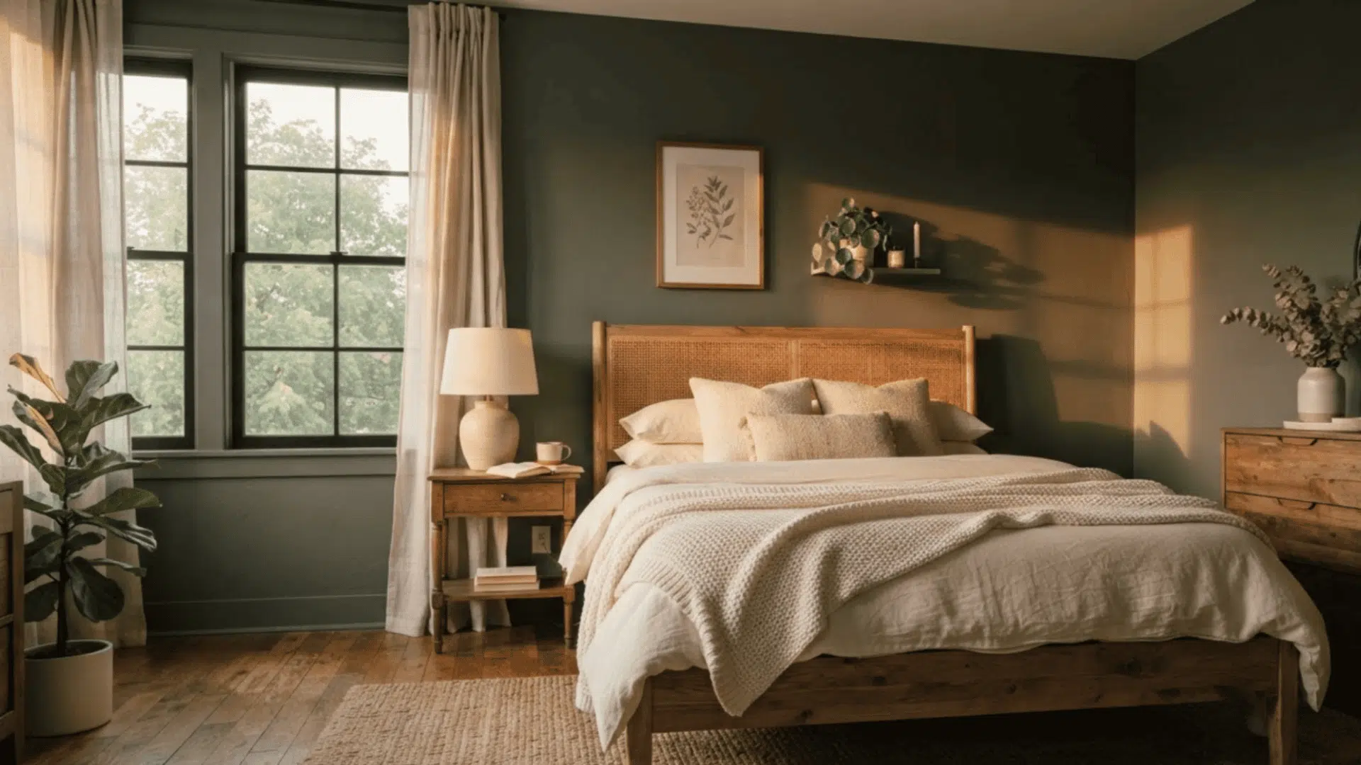 east facing bedroom with green gray walls cream bedding and warm morning sunlight indoors