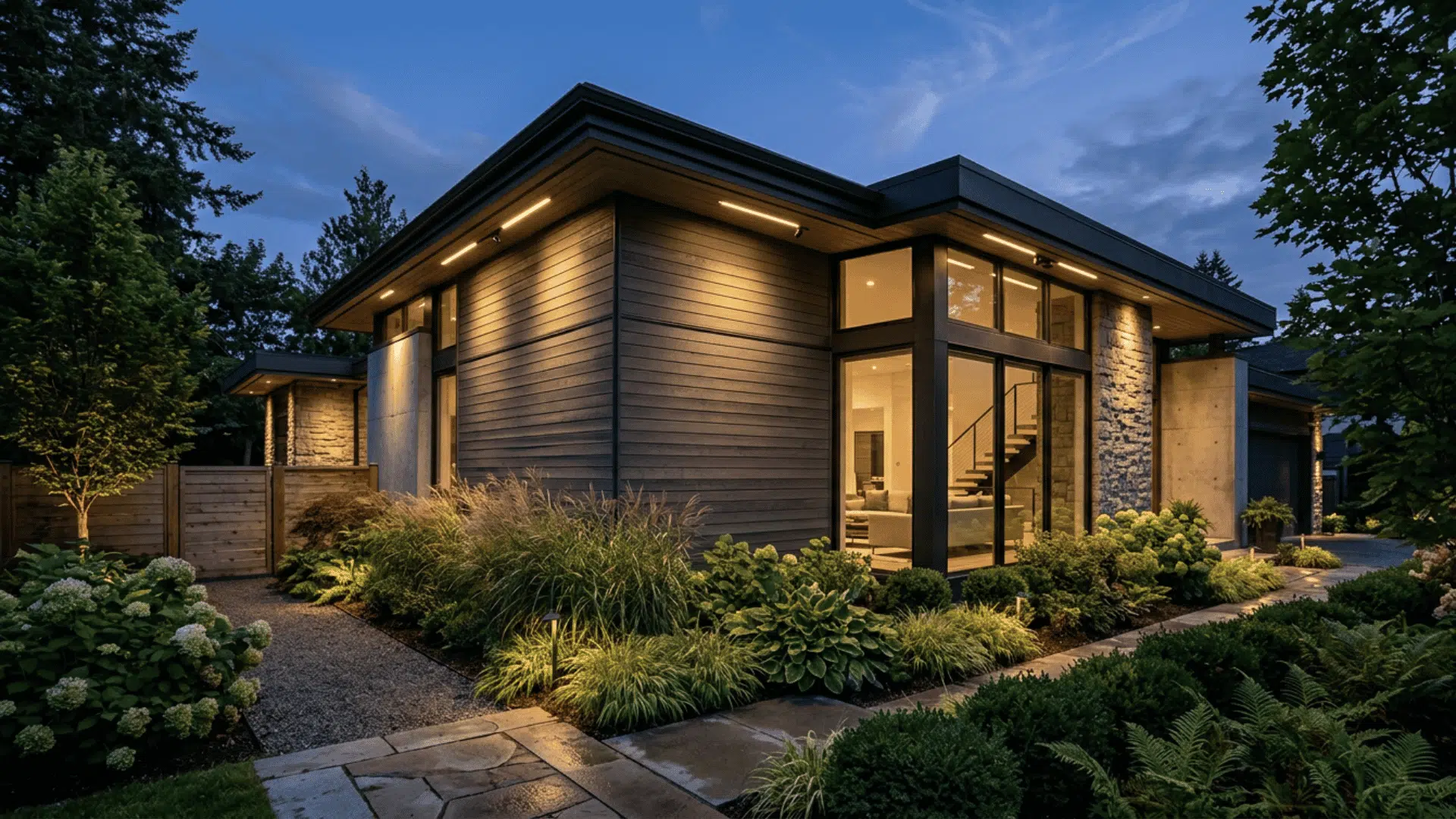 eave lights aimed downward across a modern house exterior and landscaped beds after sunset