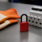 Safety gloves, red lock, and circuit breaker on gray industrial table