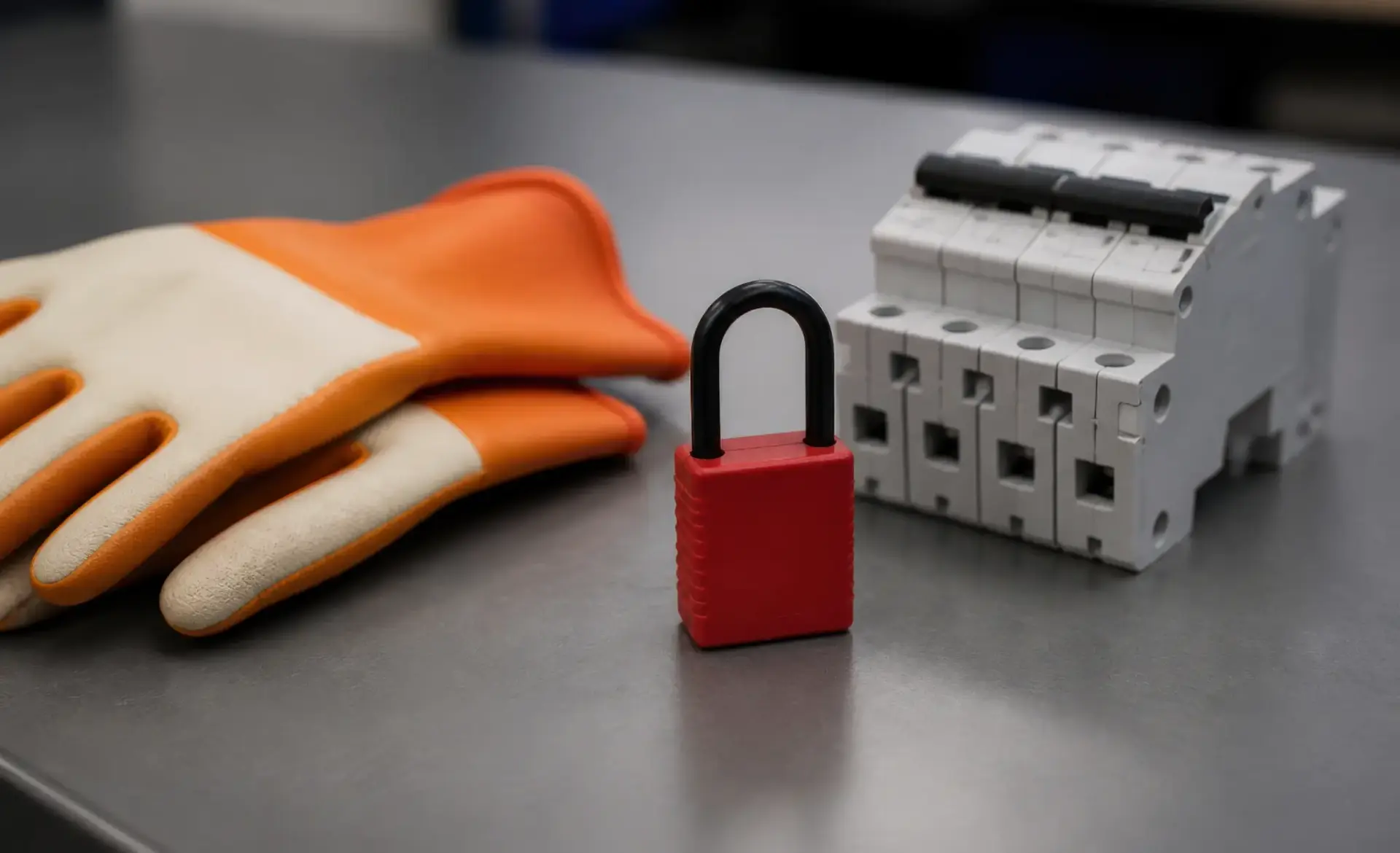 Safety gloves, red lock, and circuit breaker on gray industrial table