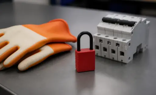 Safety gloves, red lock, and circuit breaker on gray industrial table
