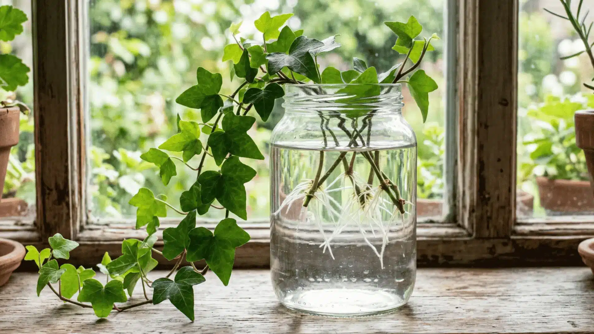 trailing ivy cuttings with fresh white roots growing in a large glass jar of water beside a bright garden window