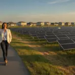 Woman in business attire walking along path beside solar panels in suburban area at sunset