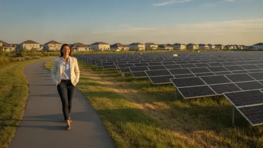 Woman in business attire walking along path beside solar panels in suburban area at sunset