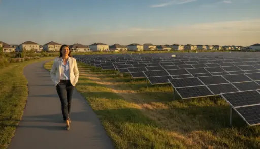 Woman in business attire walking along path beside solar panels in suburban area at sunset