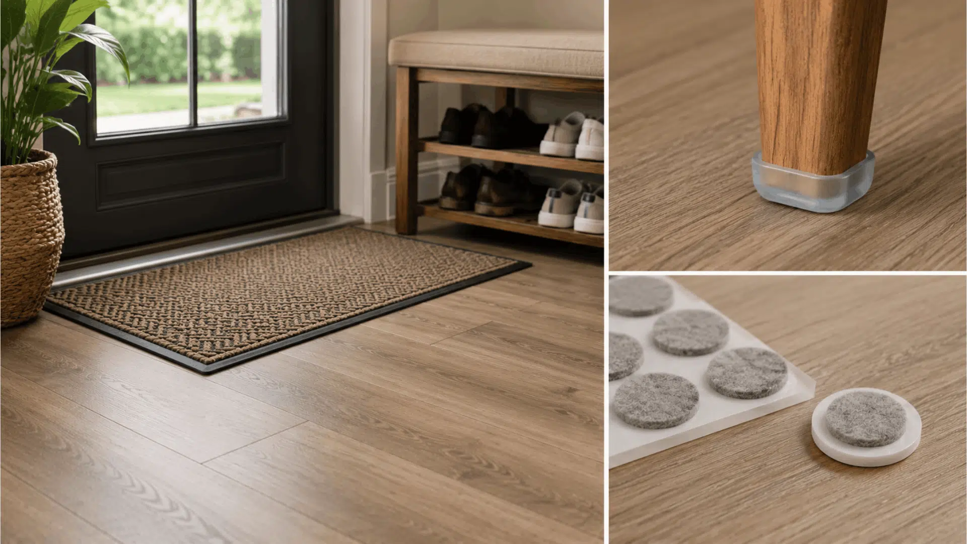entryway scene showing entry mat and furniture pads protecting luxury vinyl flooring in a clean modern home interior with natural light