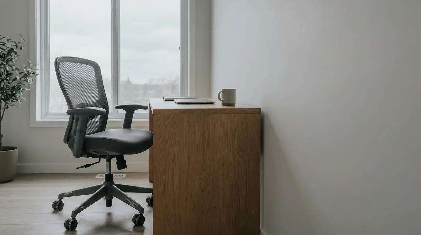 Ergonomic office chair and wooden desk with laptop and mug near window in home office