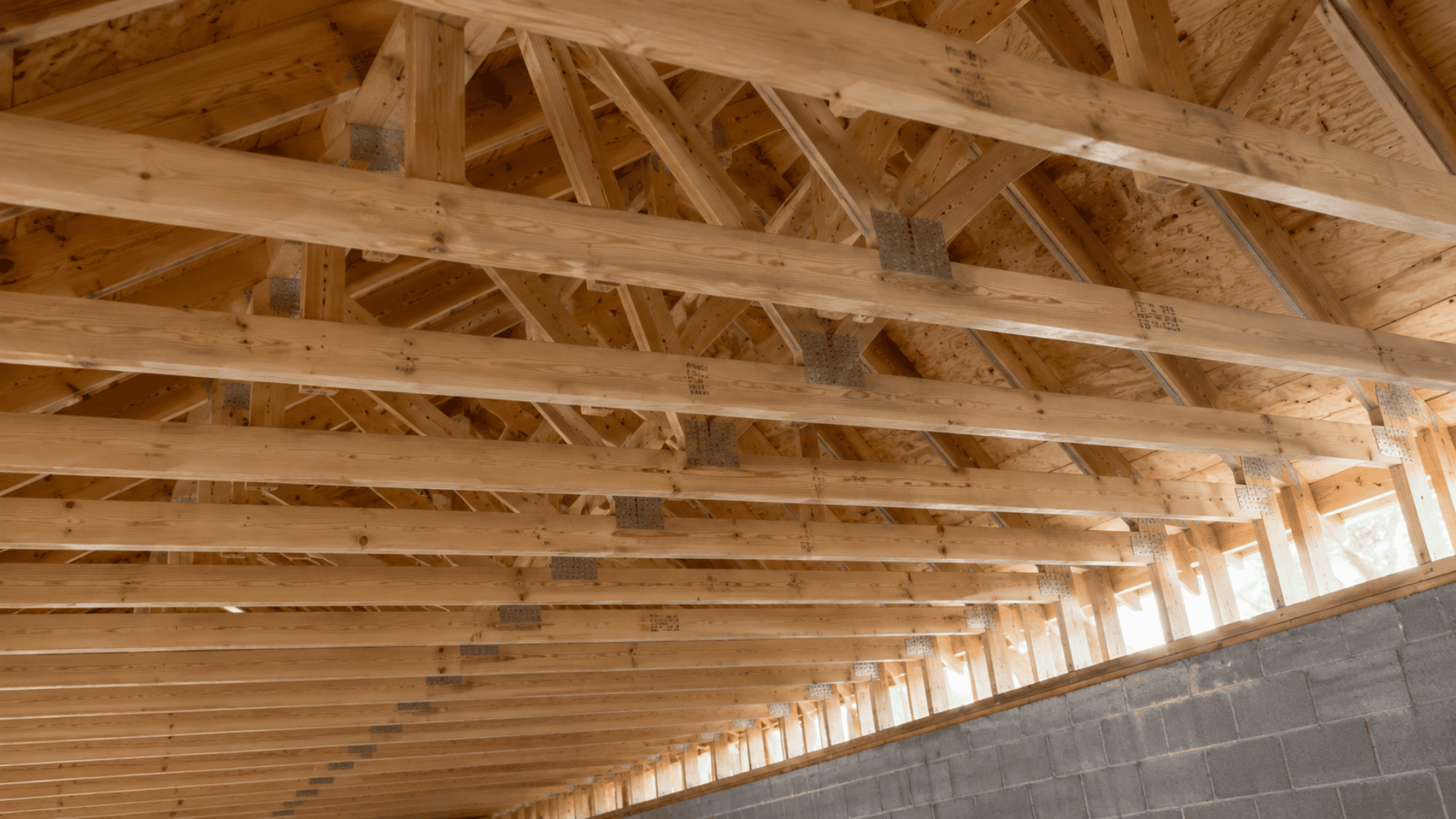 exposed pine ceiling joists and roof trusses above a concrete block wall in an unfinished residential attic