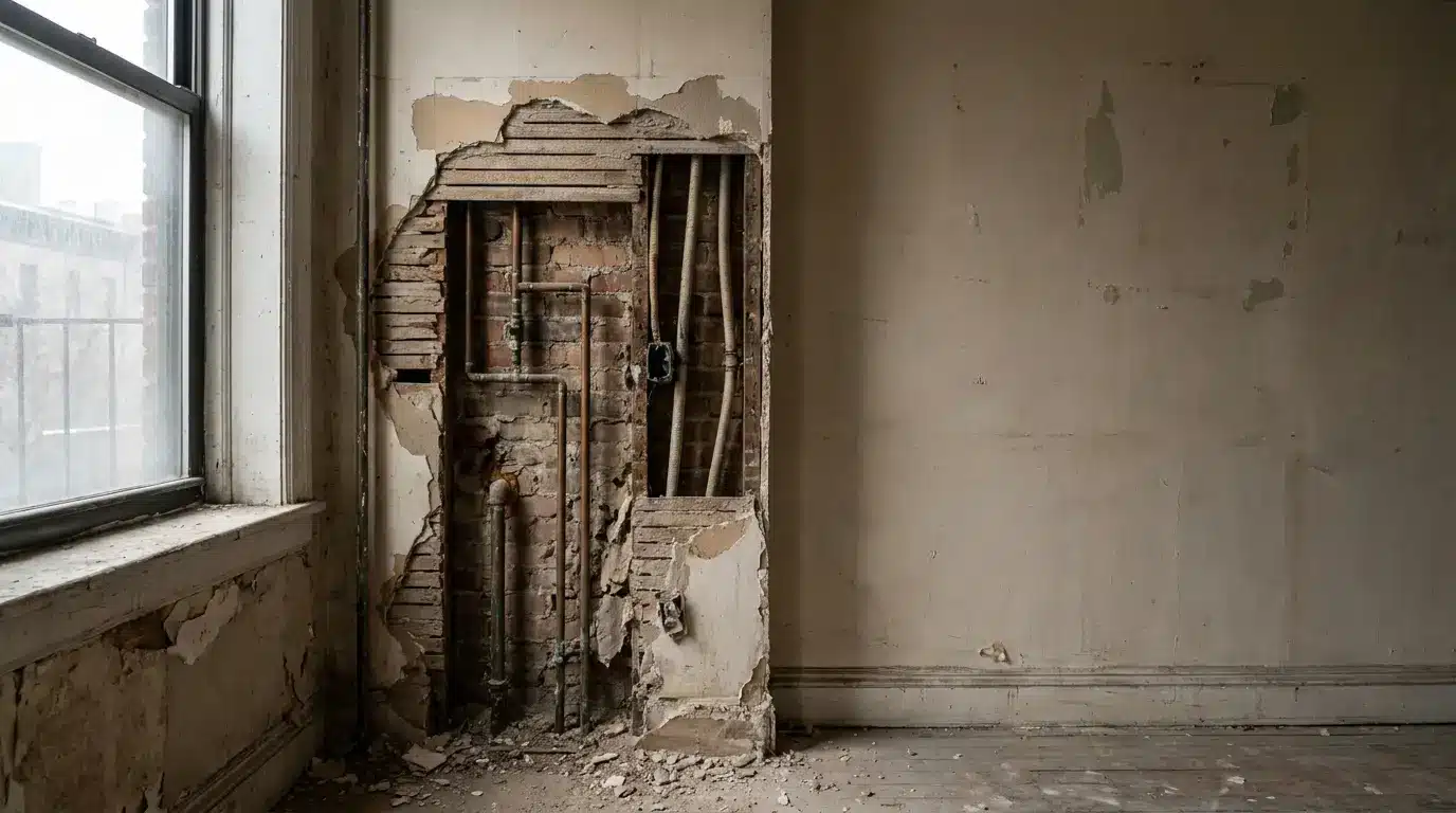 Exposed brick and pipes in a partially demolished interior wall near a window