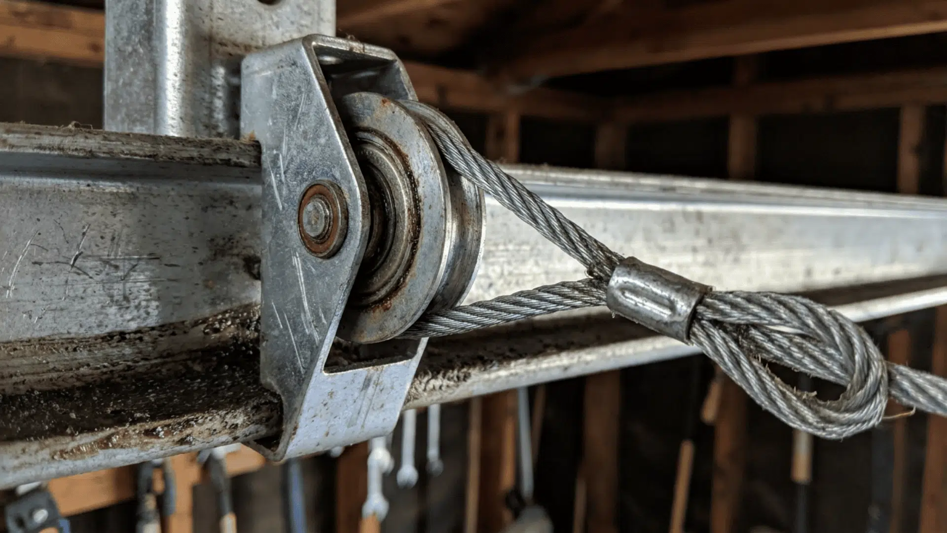 extension spring garage door lift cable running through track pulley