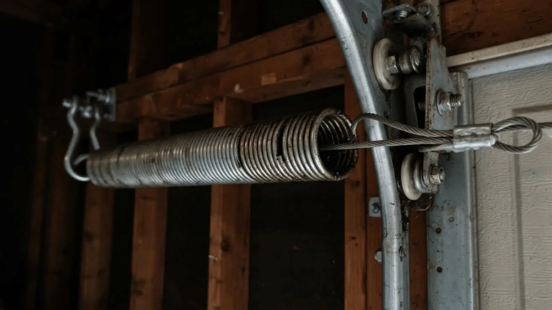 extension spring safety cable running through a garage door spring beside the metal tracks