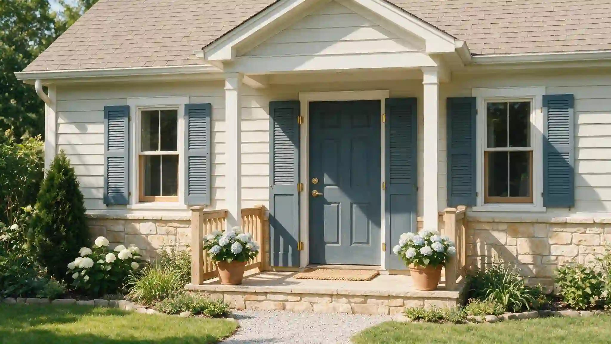 deep blue gray front door and matching shutters complement pale siding stonework and a neutral roof