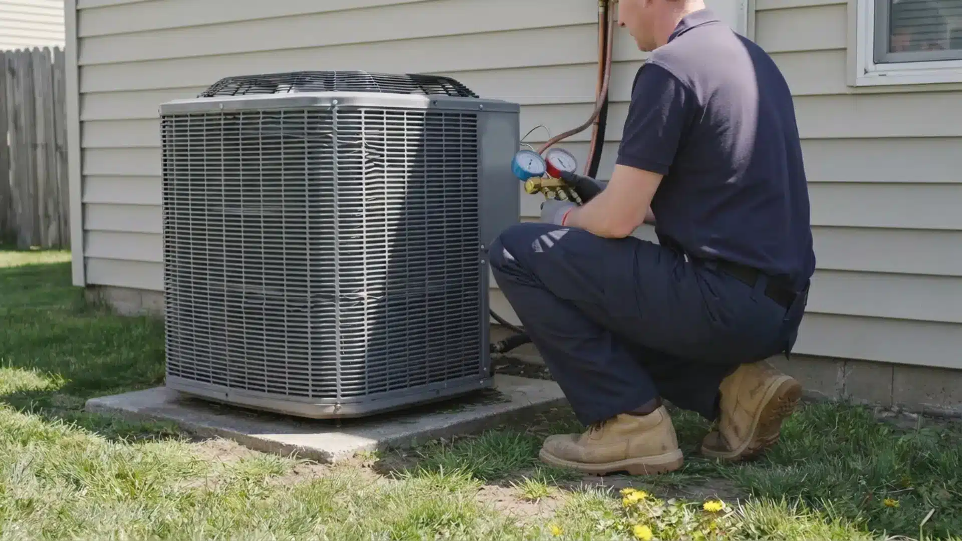 hvac technician checking pressure gauges on outdoor ac condenser unit in backyard