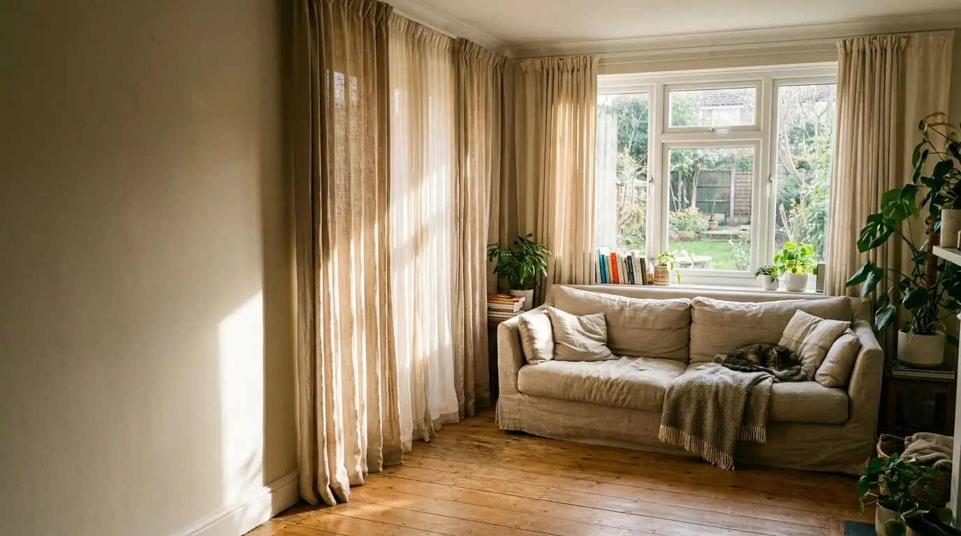 Cozy living room with beige sofa next to large window and indoor plants