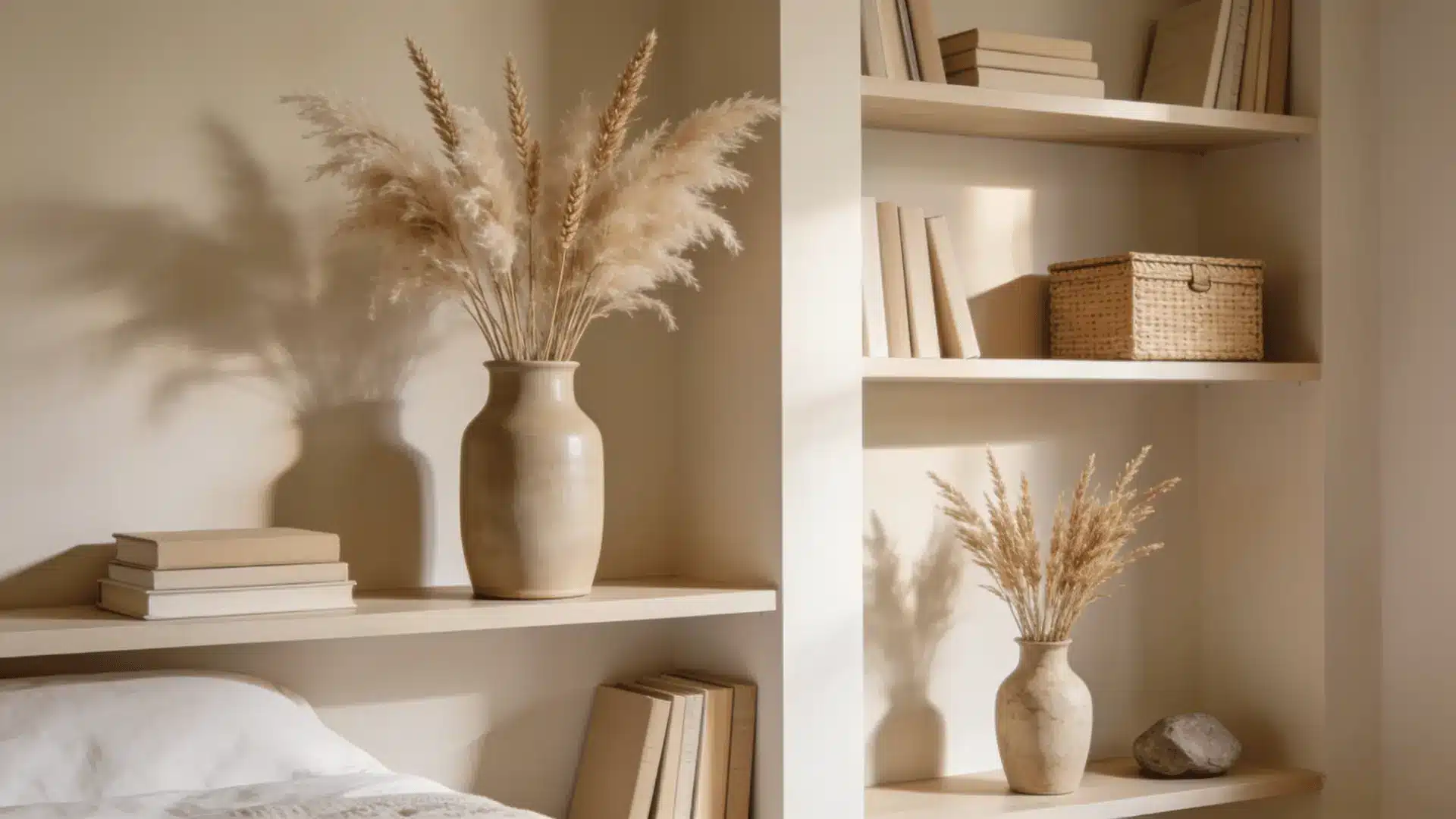 dried grasses and faux stems arranged in vases on neutral shelves