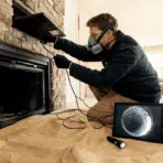 chimney inspector using a camera on a brick chimney above a sloped roof