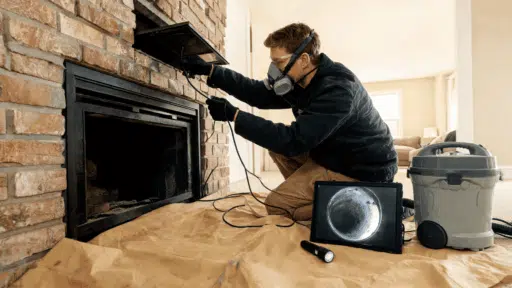 chimney inspector using a camera on a brick chimney above a sloped roof
