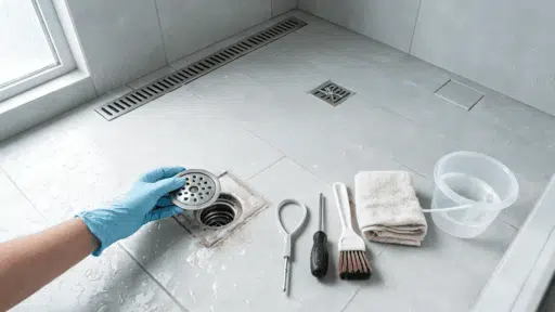 gloved hand lifting a shower drain cover beside tools on a modern tiled floor