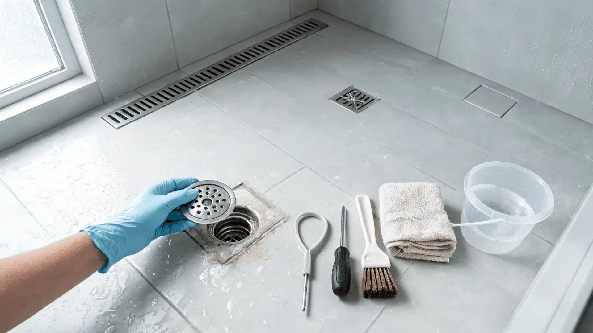 gloved hand lifting a shower drain cover beside tools on a modern tiled floor