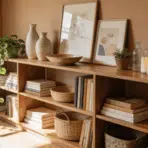 shelf decor ideas with books plants vases baskets and framed art on living room shelves