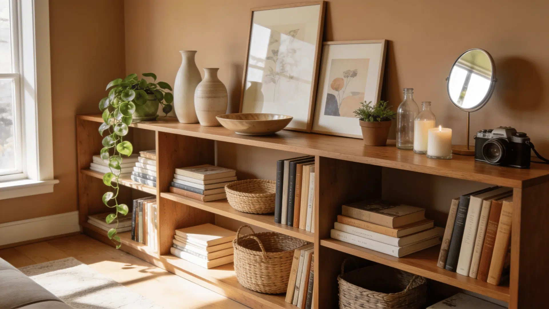shelf decor ideas with books plants vases baskets and framed art on living room shelves