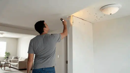 homeowner inspecting early termite signs along a ceiling corner with a flashlight