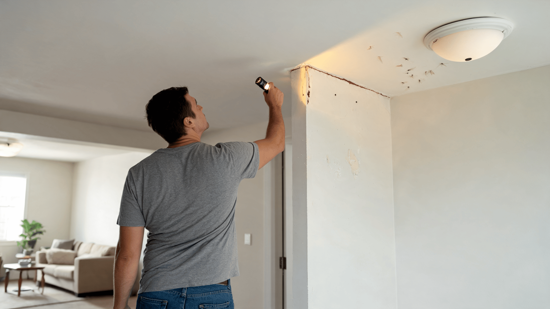 homeowner inspecting early termite signs along a ceiling corner with a flashlight