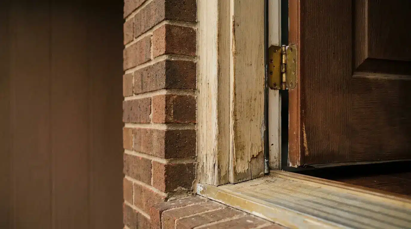 Worn wooden door frame with exposed brick and rusty hinge in an outdoor setting