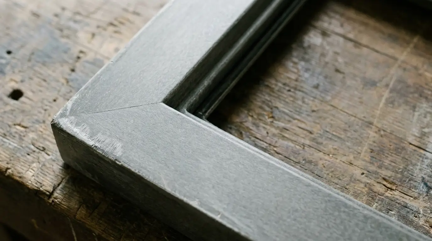 Gray metal photo frame corner detail on rustic wooden workbench
