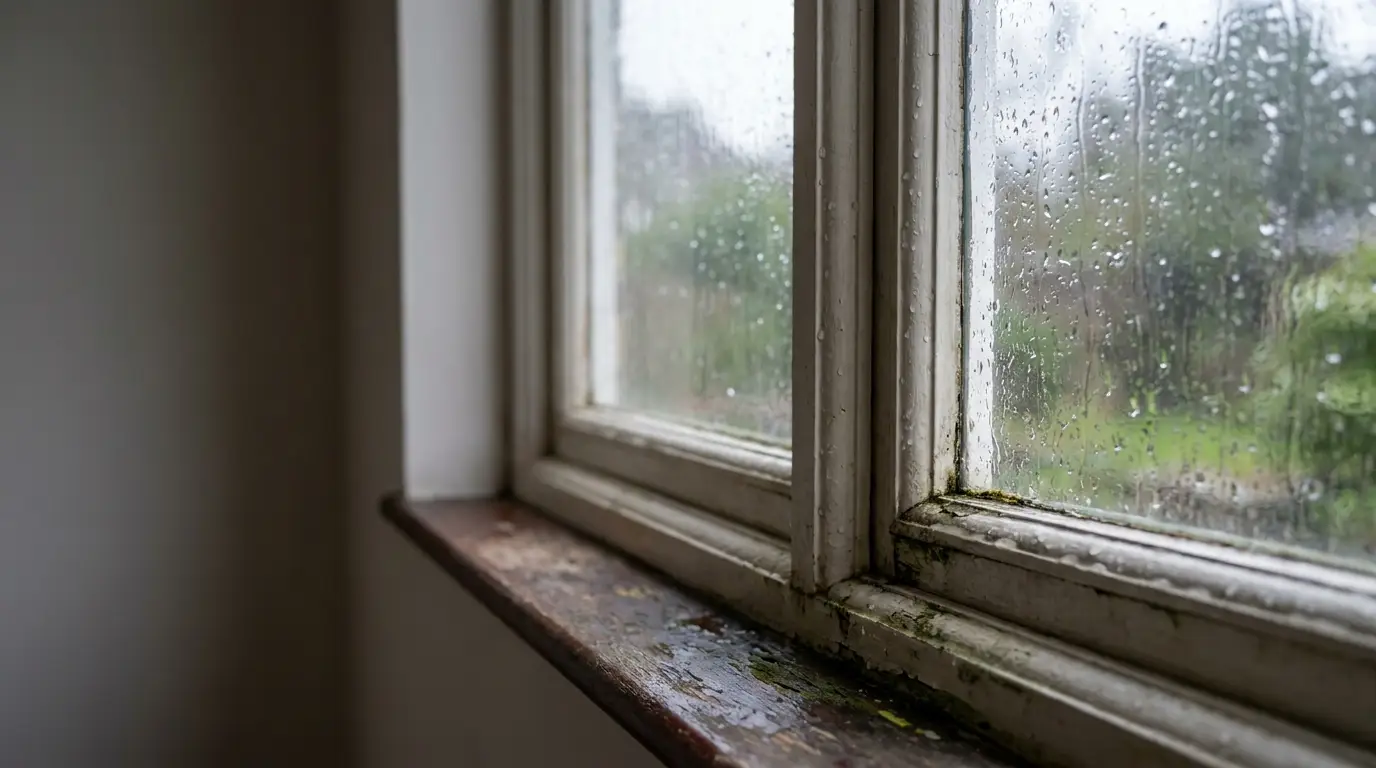 Rain-dappled window with wooden sill overlooking blurred garden on a gloomy day